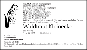 Traueranzeige von Waldtraut Kleinecke von Mitteldeutsche Zeitung Quedlinburg