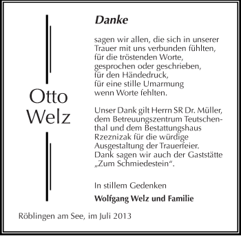 Traueranzeige von Otto Welz von Mitteldeutsche Zeitung Mansfelder Land