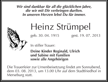 Traueranzeige von Heinz Strümpel von Mitteldeutsche Zeitung Merseburg/Querfurt