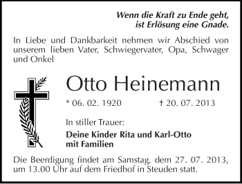 Traueranzeige von Otto Heinemann von Mitteldeutsche Zeitung Halle/Saalkreis