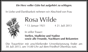Traueranzeige von Rosa Wilde von Mitteldeutsche Zeitung Merseburg/Querfurt