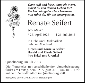 Traueranzeige von Renate Seifert von Mitteldeutsche Zeitung Quedlinburg