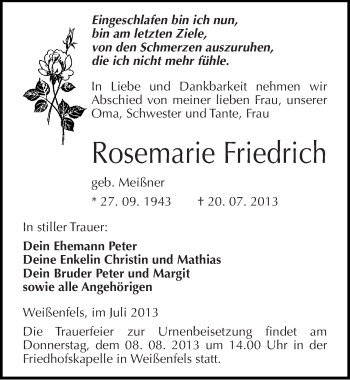 Traueranzeige von Rosemarie Friedrich von Mitteldeutsche Zeitung Weißenfels