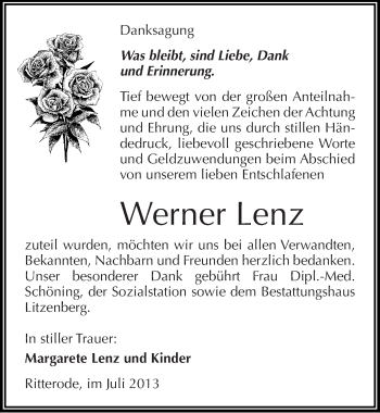 Traueranzeige von Werner Lenz von Mitteldeutsche Zeitung Mansfelder Land