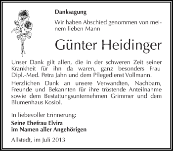 Traueranzeige von Günter Heidinger von Mitteldeutsche Zeitung Sangerhausen