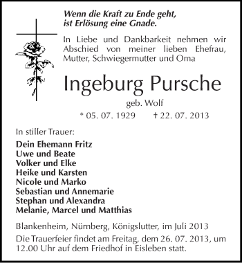 Traueranzeige von Ingeburg Pursche von Mitteldeutsche Zeitung Sangerhausen