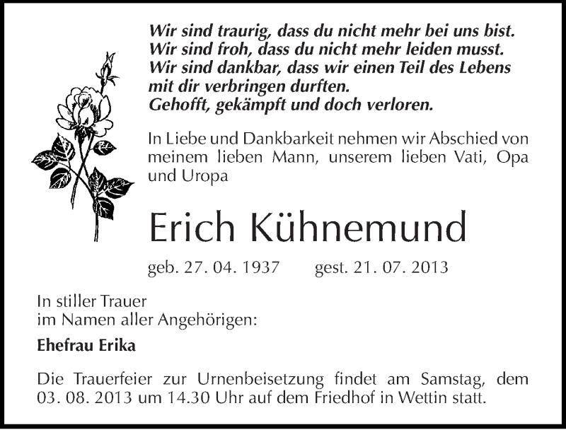  Traueranzeige für Erich Kühnemund vom 27.07.2013 aus Mitteldeutsche Zeitung Halle/Saalkreis