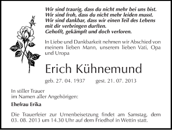 Traueranzeige von Erich Kühnemund von Mitteldeutsche Zeitung Halle/Saalkreis