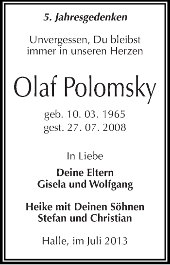 Traueranzeige von Olaf Polomsky von Mitteldeutsche Zeitung Halle/Saalkreis