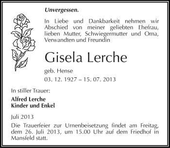 Traueranzeige von Gisela Lerche von Mitteldeutsche Zeitung Mansfelder Land