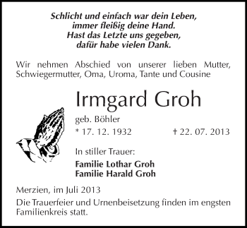 Traueranzeige von Irmgard Groh von Mitteldeutsche Zeitung Köthen