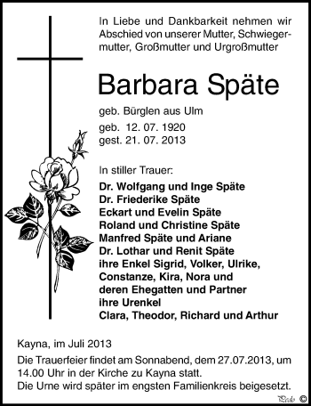 Traueranzeige von Barbara Späte von Mitteldeutsche Zeitung Zeitz