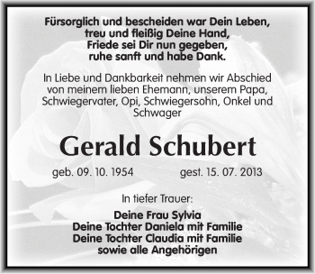 Traueranzeige von Gerald Schubert von Mitteldeutsche Zeitung Halle/Saalkreis