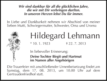 Traueranzeige von Hildegard Lehmann von Mitteldeutsche Zeitung Halle/Saalkreis