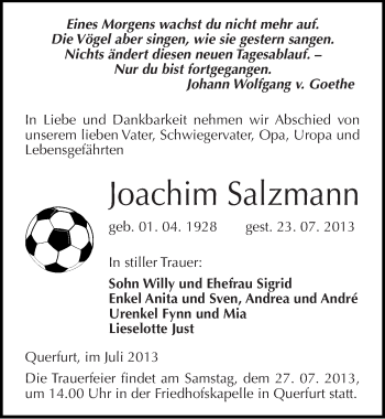 Traueranzeige von Joachim Salzmann von Mitteldeutsche Zeitung Merseburg/Querfurt