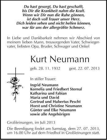 Traueranzeige von Kurt Neumann von Mitteldeutsche Zeitung Sangerhausen