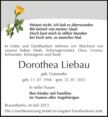 Traueranzeige von Dorothea Liebau von Mitteldeutsche Zeitung Merseburg/Querfurt