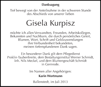 Traueranzeige von Gisela Kurpisz von Mitteldeutsche Zeitung Quedlinburg