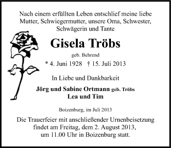 Traueranzeige von Gisela Tröbs von Mitteldeutsche Zeitung Halle/Saalkreis
