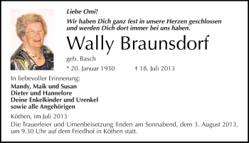 Traueranzeige von Wally Braunsdorf von Mitteldeutsche Zeitung Köthen