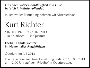 Traueranzeige von Kurt Richter von Mitteldeutsche Zeitung Merseburg/Querfurt