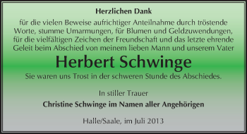 Traueranzeige von Herbert Schwinge von Mitteldeutsche Zeitung Halle/Saalkreis