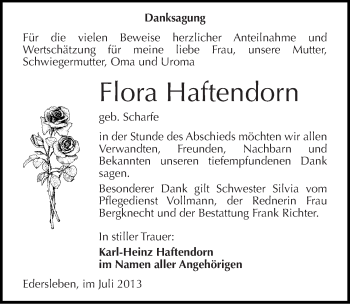 Traueranzeige von Flora Haftendorn von Mitteldeutsche Zeitung Sangerhausen