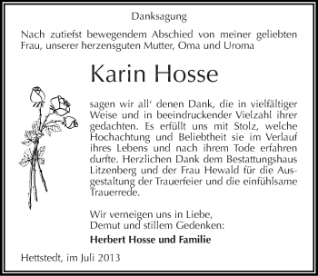Traueranzeige von Karin Hosse von Mitteldeutsche Zeitung Mansfelder Land