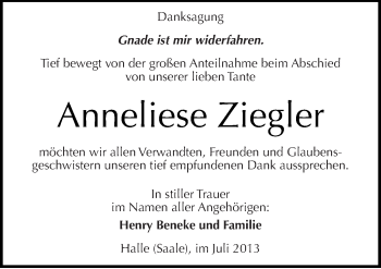 Traueranzeige von Anneliese Ziegler von Mitteldeutsche Zeitung Halle/Saalkreis