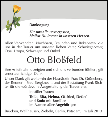 Traueranzeige von Otto Bloßfeld von Mitteldeutsche Zeitung Sangerhausen