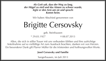 Traueranzeige von Brigitte Cersovsky von Mitteldeutsche Zeitung Sangerhausen