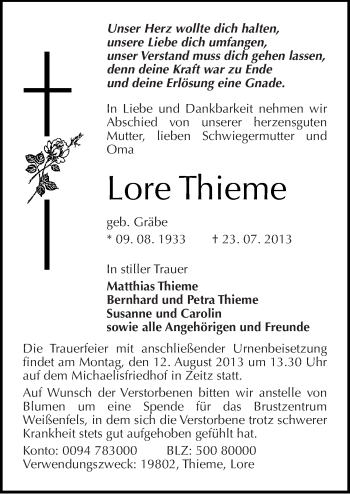 Traueranzeige von Lore Thieme von Mitteldeutsche Zeitung Zeitz