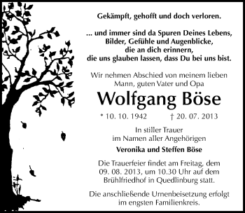 Traueranzeige von Wolfgang Böse von Mitteldeutsche Zeitung Quedlinburg