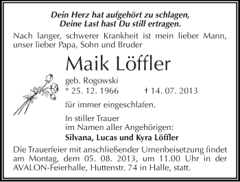Traueranzeige von Maik Löffler von Mitteldeutsche Zeitung Halle/Saalkreis