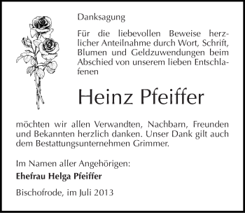 Traueranzeige von Heinz Pfeiffer von Mitteldeutsche Zeitung Mansfelder Land