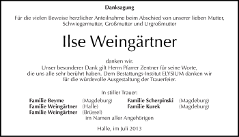 Traueranzeige von Ilse Weingärtner von Mitteldeutsche Zeitung Halle/Saalkreis