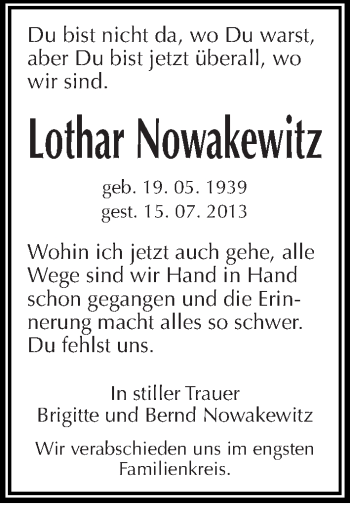 Traueranzeige von Lothar Nowakewitz von Mitteldeutsche Zeitung Halle/Saalkreis
