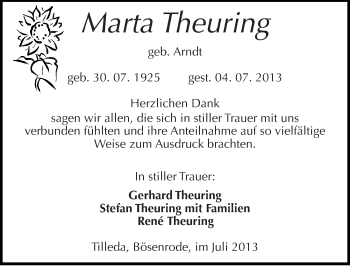 Traueranzeige von Marta Theuring von Mitteldeutsche Zeitung Sangerhausen