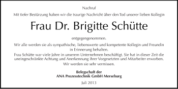 Traueranzeige von Brigitte Schütte von Mitteldeutsche Zeitung Merseburg/Querfurt