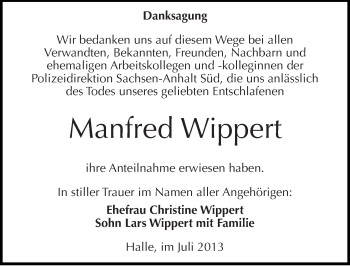 Traueranzeige von Manfred Wippert von Mitteldeutsche Zeitung Halle/Saalkreis