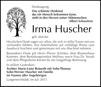 Traueranzeige von Irma Huscher von Mitteldeutsche Zeitung Merseburg/Querfurt
