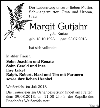 Traueranzeige von Margit Gutjahr von Mitteldeutsche Zeitung Weißenfels