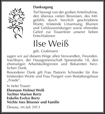 Traueranzeige von Ilse Weiß von Mitteldeutsche Zeitung Dessau-Roßlau