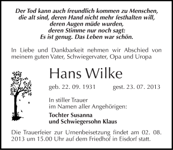 Traueranzeige von Hans Wilke von Mitteldeutsche Zeitung Halle/Saalkreis