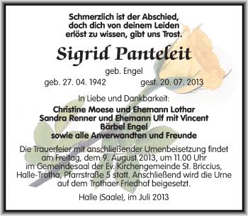 Traueranzeige von Sigrid Panteleit von Mitteldeutsche Zeitung Halle/Saalkreis