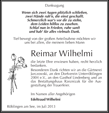 Traueranzeige von Reimar Wilhelmi von Mitteldeutsche Zeitung Mansfelder Land