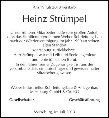 Traueranzeige von Heinz Strümpel von Mitteldeutsche Zeitung Merseburg/Querfurt