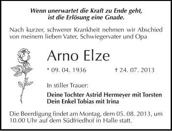 Traueranzeige von Arno Elze von Mitteldeutsche Zeitung Halle/Saalkreis