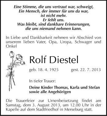 Traueranzeige von Rolf Diestel von Mitteldeutsche Zeitung Merseburg/Querfurt