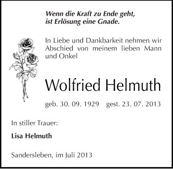 Traueranzeige von Wolfried Helmuth von Mitteldeutsche Zeitung Mansfelder Land